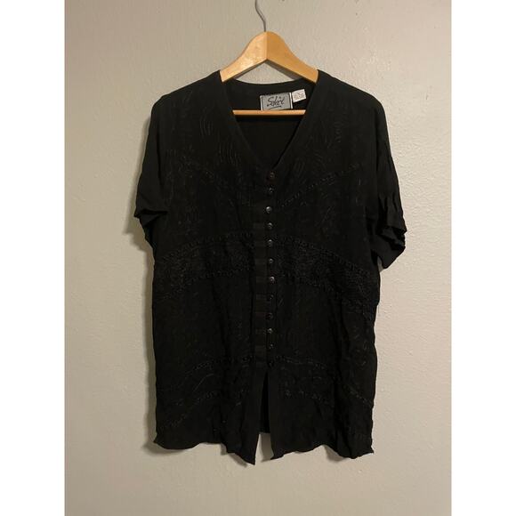 Vintage Select Womens Tunic 1X Black Rayon Embroidered Button Up Whimsigoth 90s - Picture 1 of 6